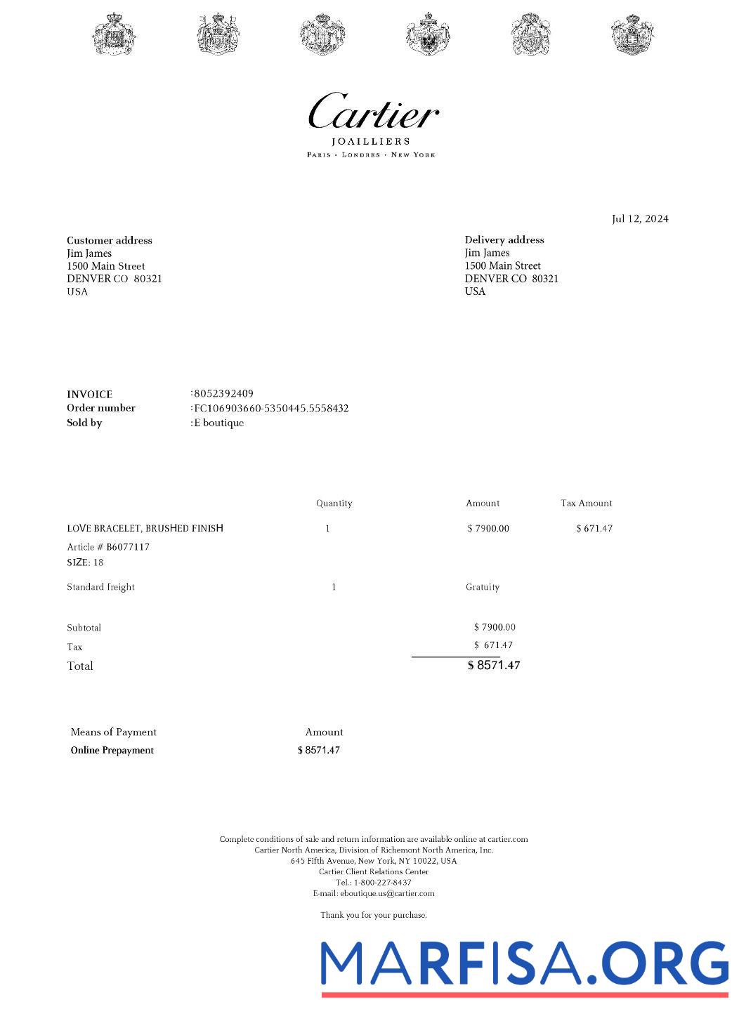 Downloadable Cartier payment receipt sample